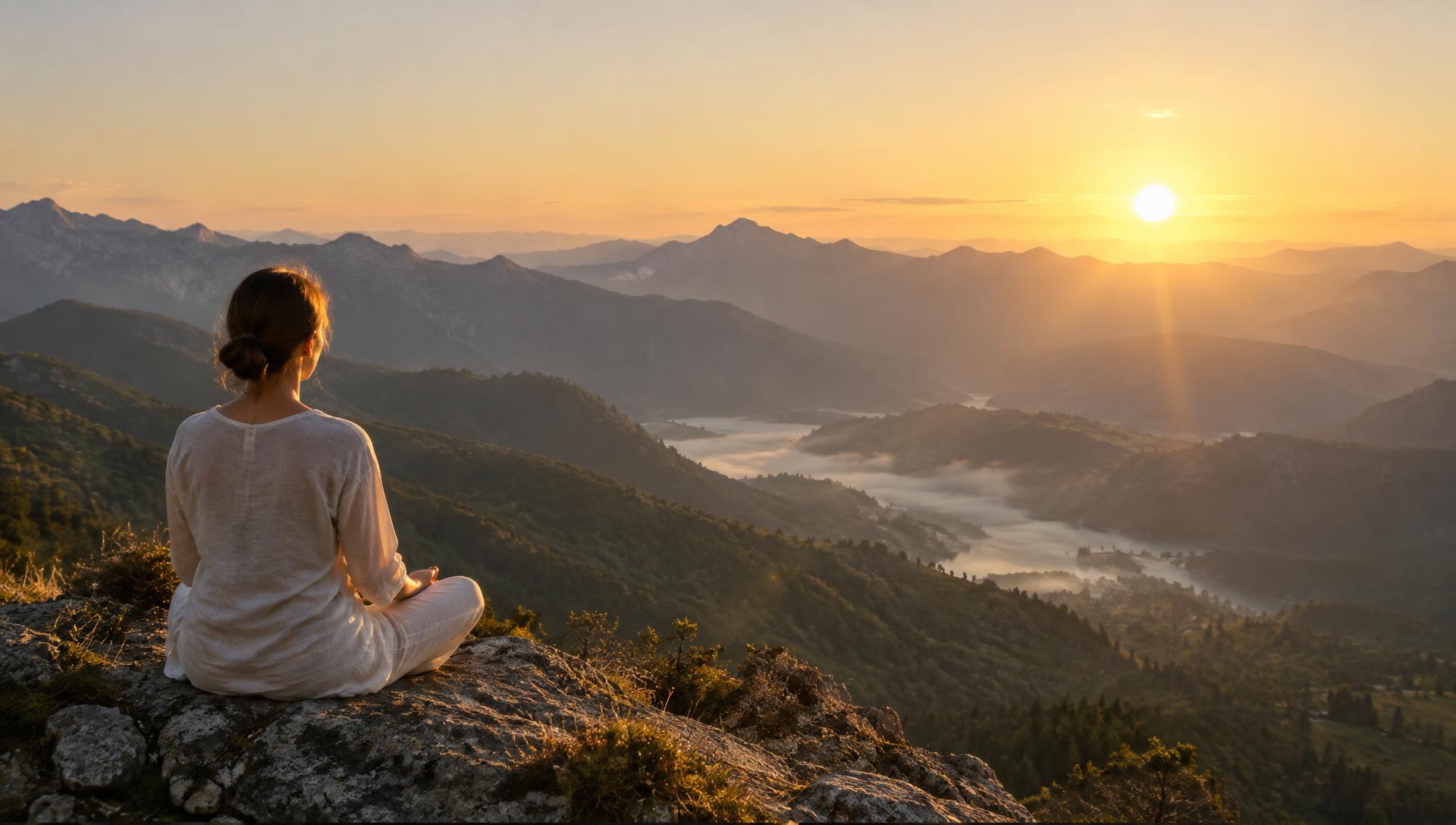 A woman meditating above a misty mountain valley at sunrise