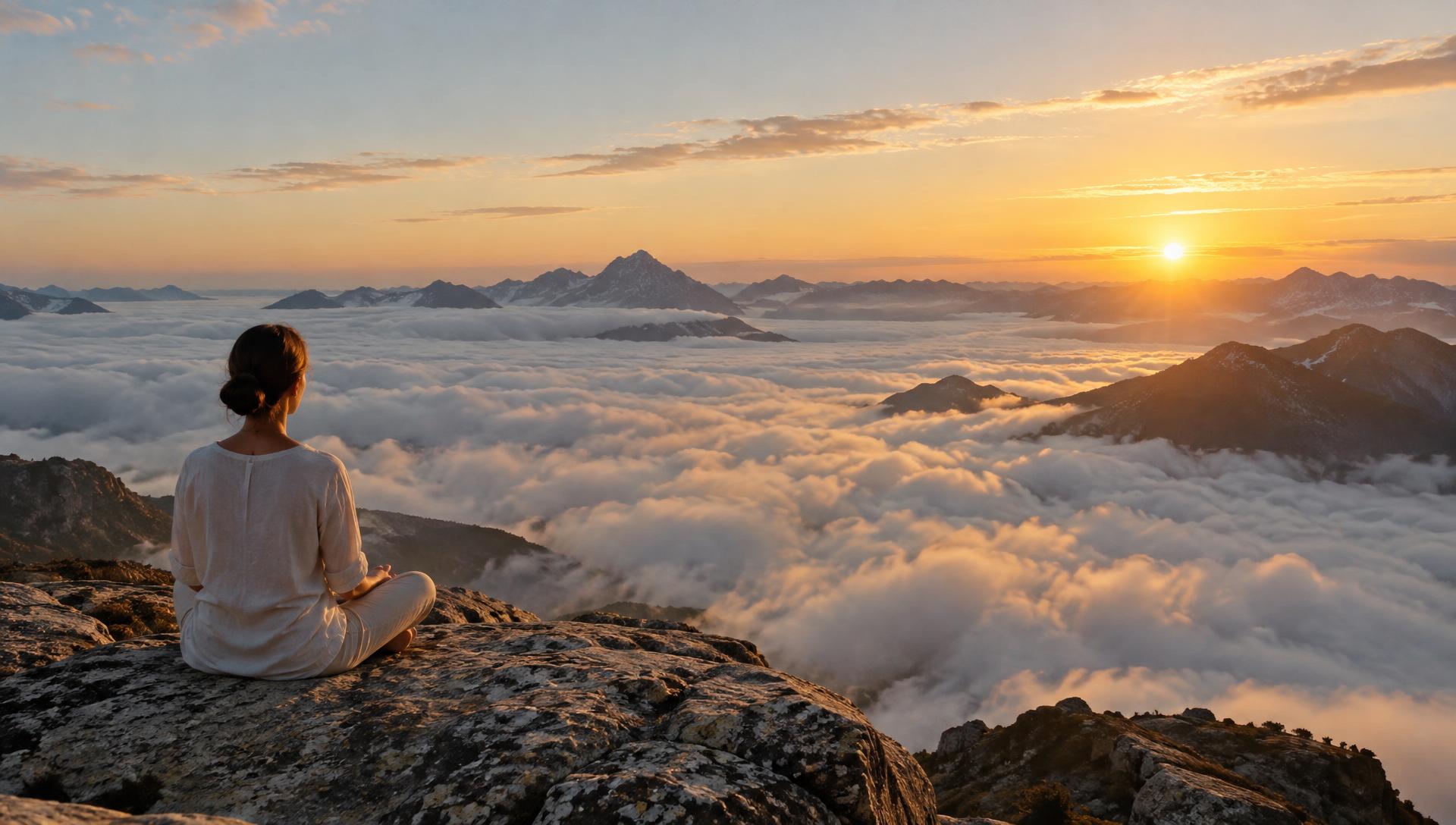 A woman meditating on a rock above a sea of clouds at dawn