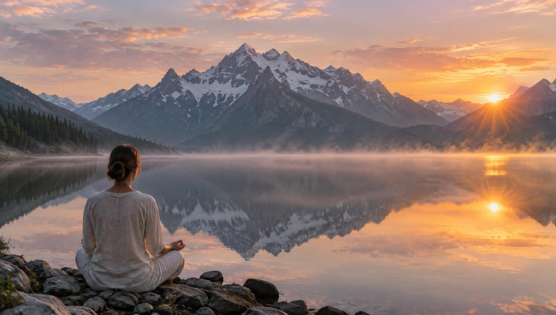 A woman meditating beside a still mountain lake at dawn