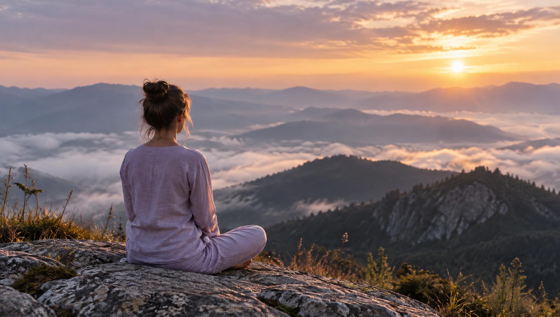 A woman meditating on a mountain ledge at sunrise